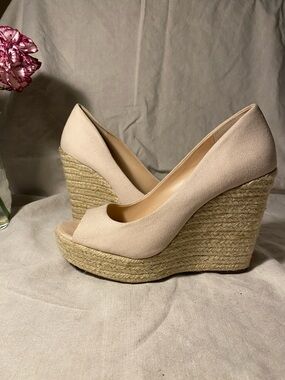 Vince Camuto Neutral Peep-Toe Espadrille Wedge Heels - Beige